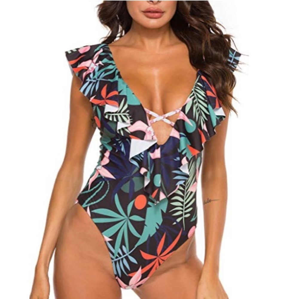 Eomenie Ruffle V-neck One Piece Swimsuit sz L NEW